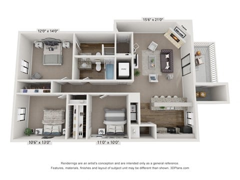 Floor plan for 3 beds, 2 baths, 1196 sqft